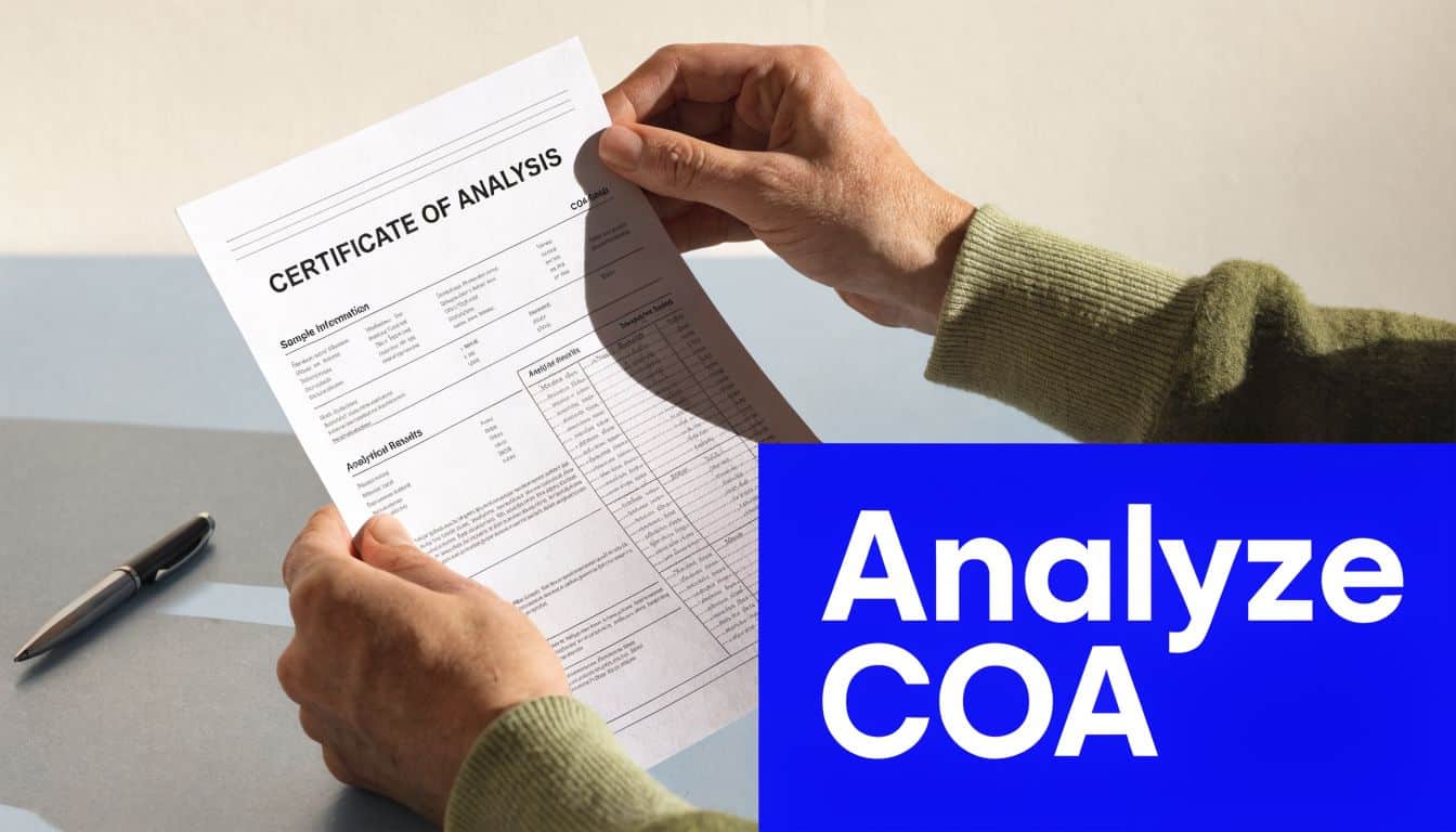 A person holding a certificate of analysis document detailing peptide lab test results for quality verification.