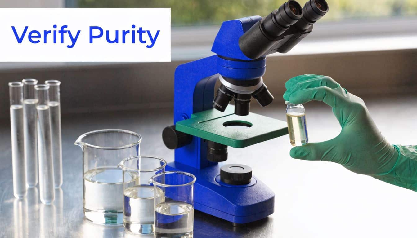 A lab technician in green gloves inspects a small vial of clear liquid next to a microscope.