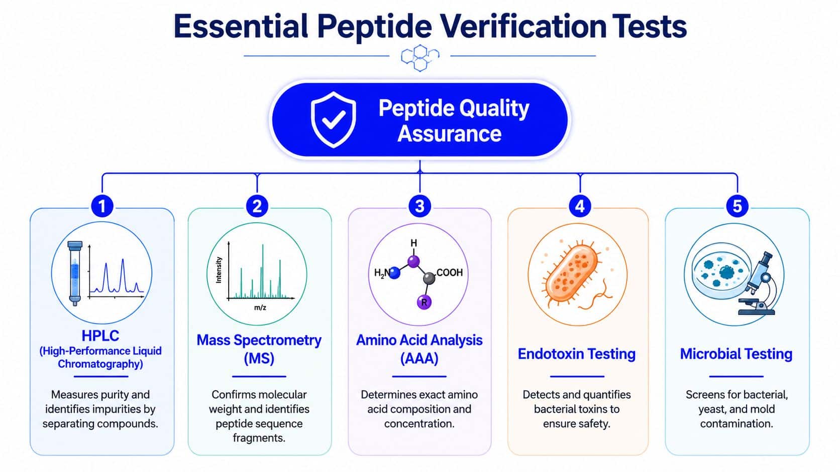 A diagram illustrating five essential verification tests used for ensuring the quality and safety of peptides.