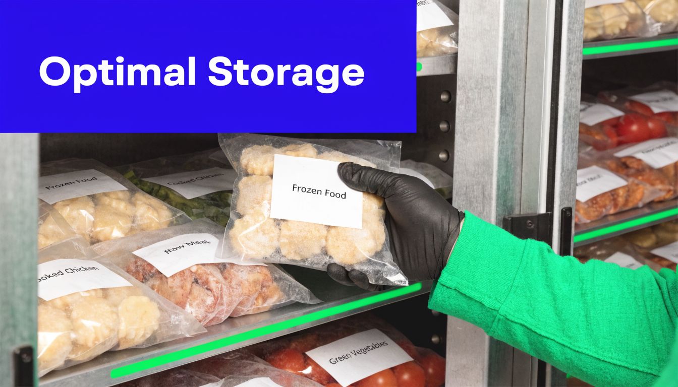 A person wearing a black glove placing a bag of frozen food into a commercial freezer unit.