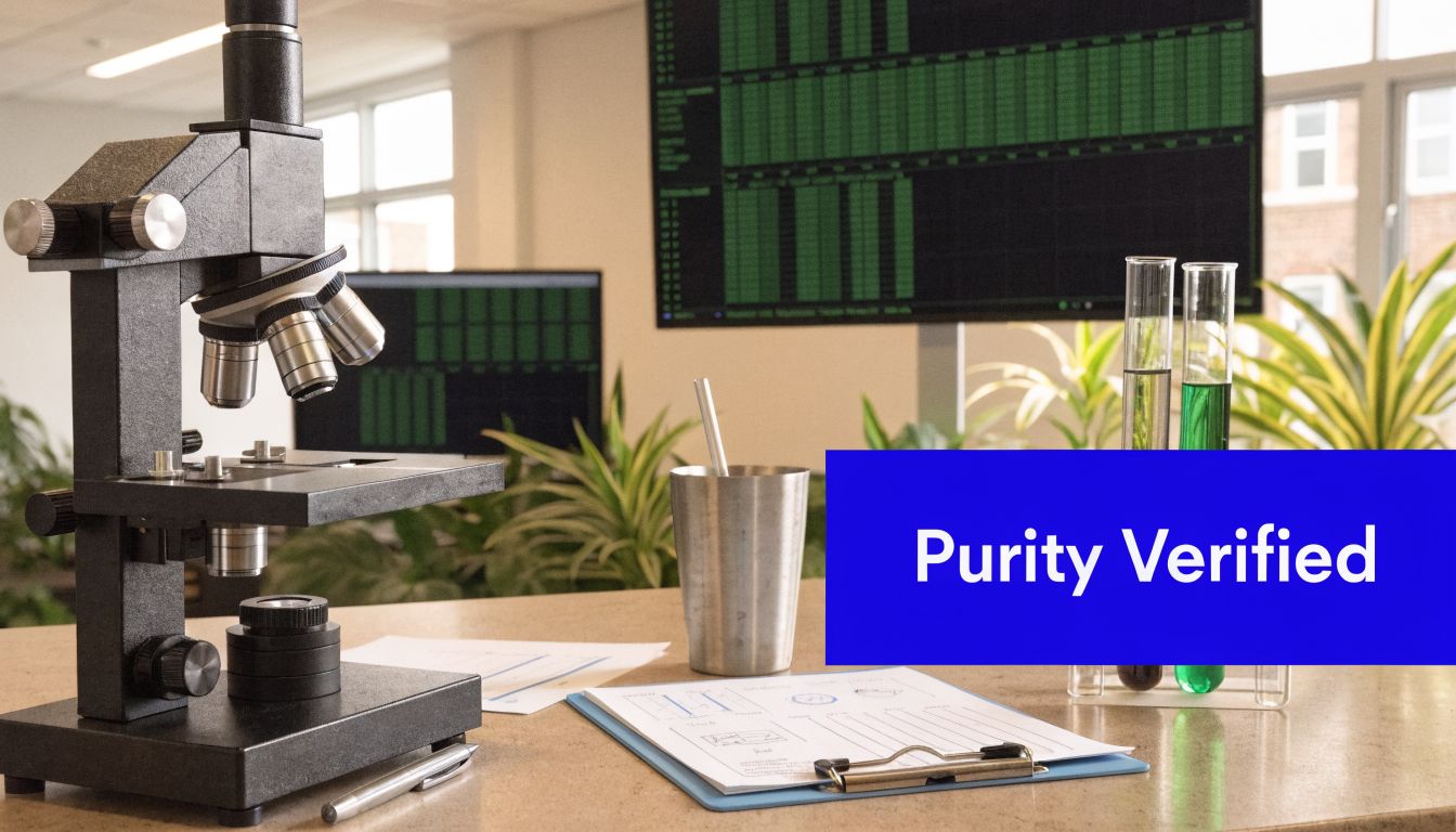 A laboratory setting with a microscope, test tubes, and a Purity Verified banner on a desk.
