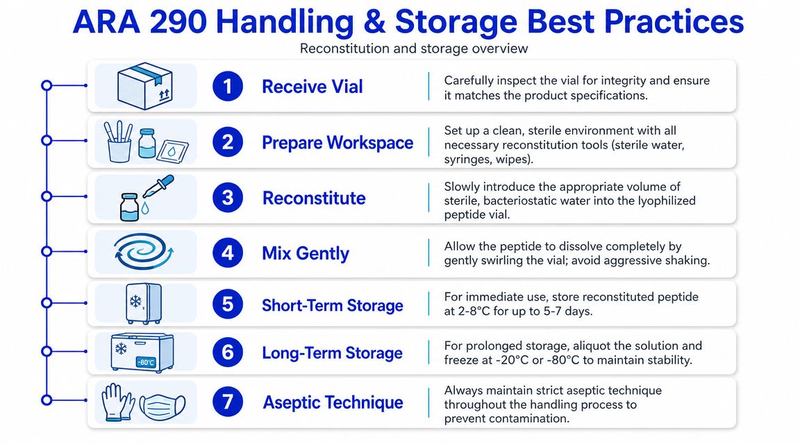 A step-by-step infographic titled ARA 290 Handling and Storage Best Practices, detailing procedures from receiving to storage.