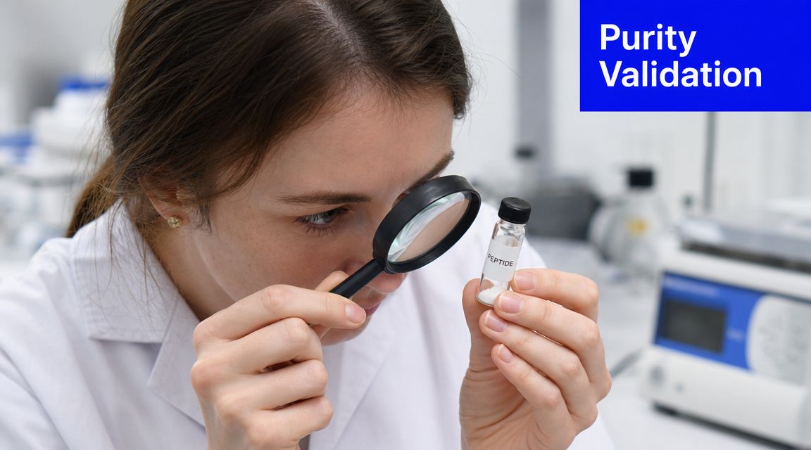 A female laboratory technician inspecting a small vial labeled peptide with a magnifying glass for purity.