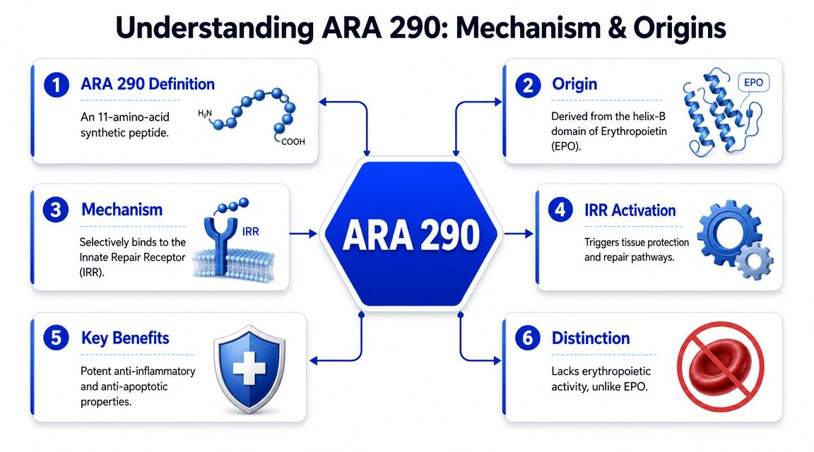 An infographic titled Understanding ARA 290 explaining the definition, origin, mechanism, and clinical benefits of the peptide.