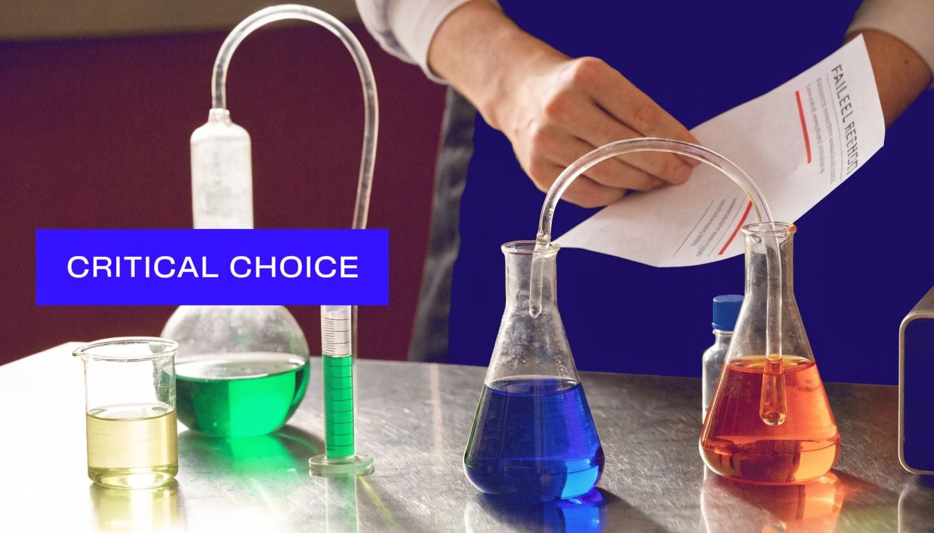 A person in a laboratory holding a report next to scientific glassware containing colorful chemical liquids.