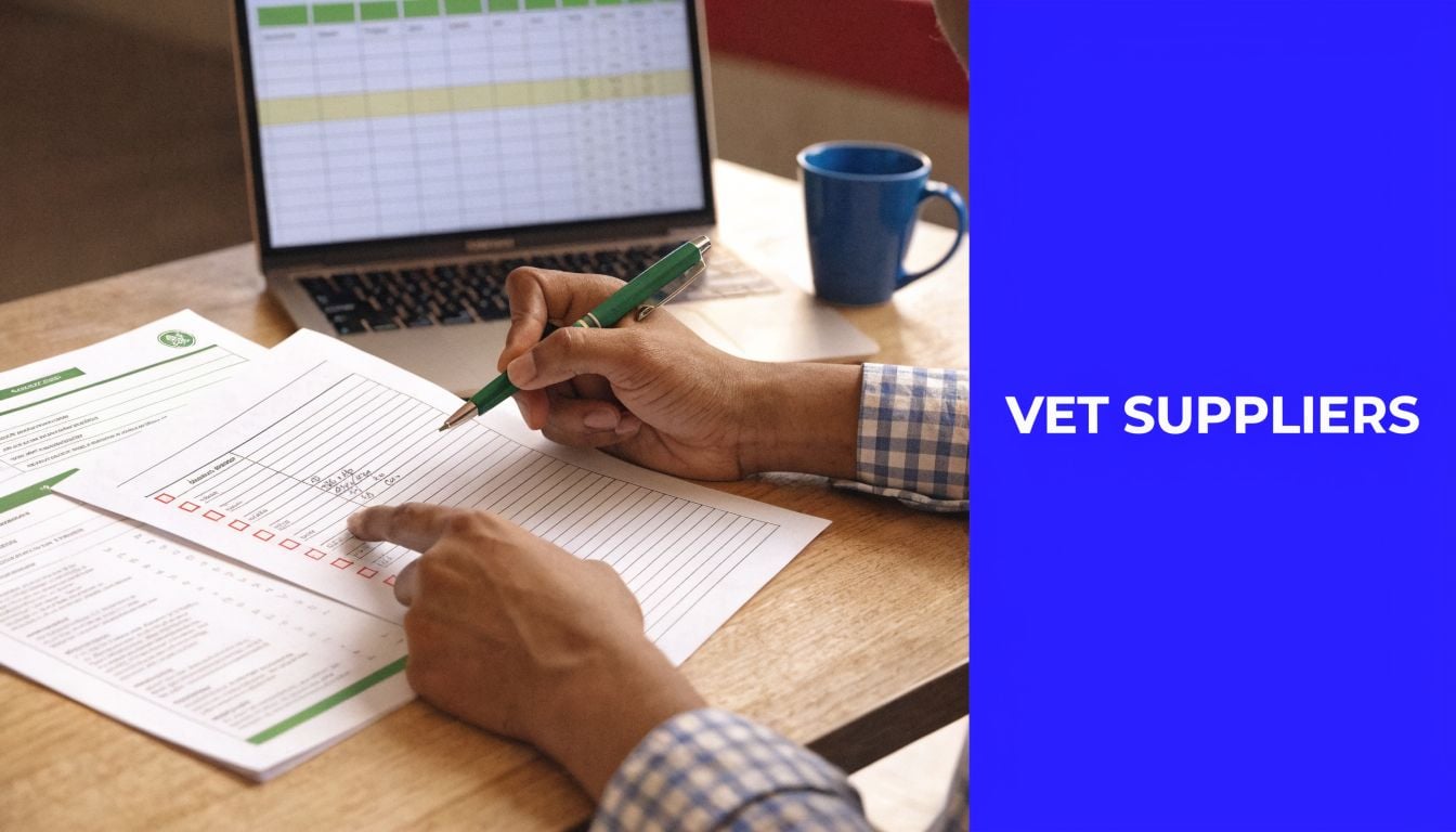 A professional analyzing a veterinary supply document at a desk with a laptop and coffee mug.