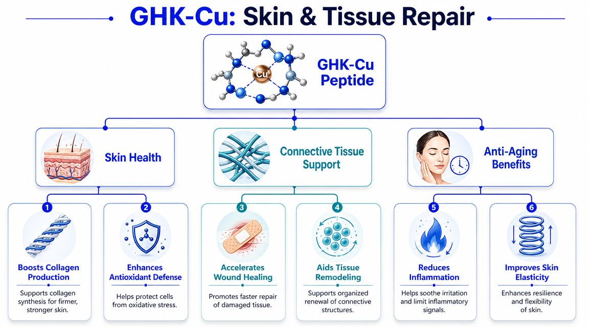 A diagram illustrating the benefits of GHK-Cu peptide for skin health, tissue repair, and anti-aging effects.