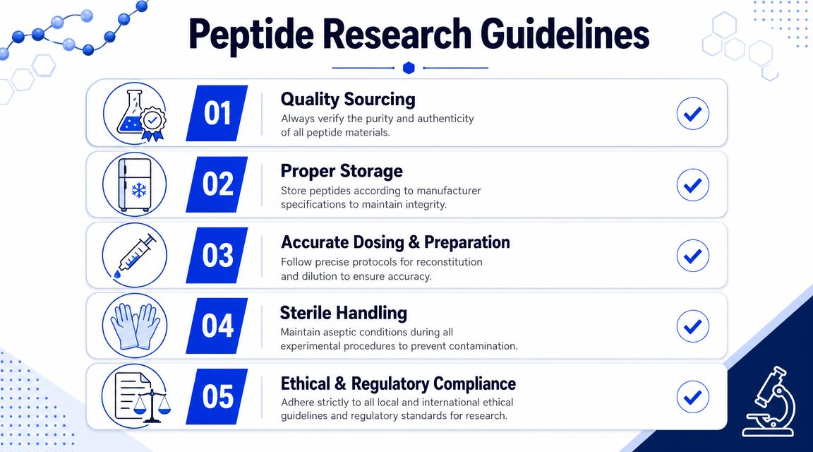 A professional infographic outlining five essential guidelines for conducting safe and compliant peptide research in a laboratory setting.
