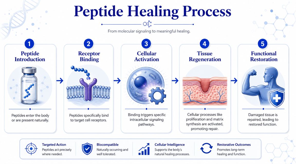 A five-step infographic explaining the peptide healing process, from molecular signaling to complete functional tissue restoration.