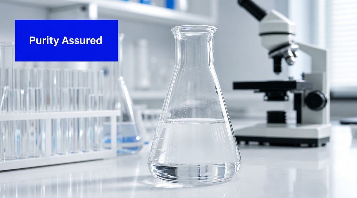 A clear glass Erlenmeyer flask filled with liquid sits on a white laboratory table beside a microscope.