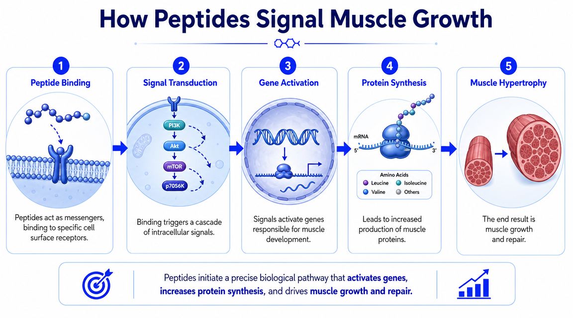 A diagram illustrating the five biological steps of how peptides signal muscle growth within human cells.