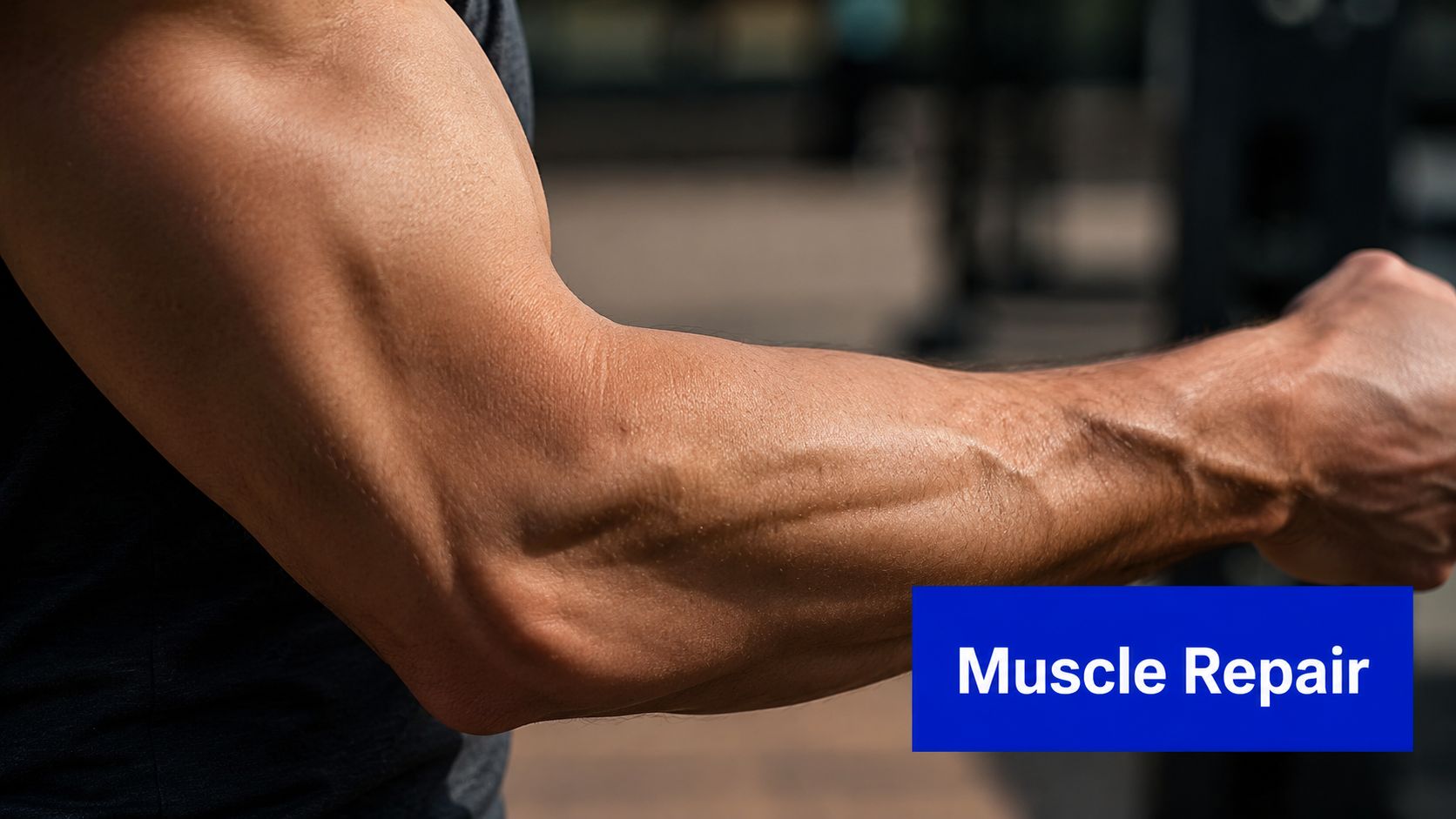 A close-up view of a muscular human arm with defined vascularity, emphasizing physical training and strength.