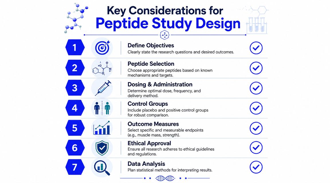 A checklist infographic titled Key Considerations for Peptide Study Design featuring seven numbered steps for research.