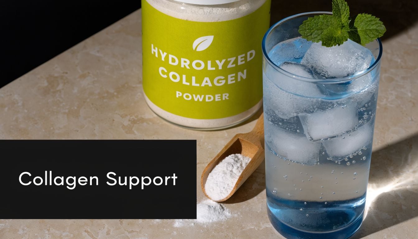 A glass of cold water with ice and mint next to a jar of hydrolyzed collagen powder.