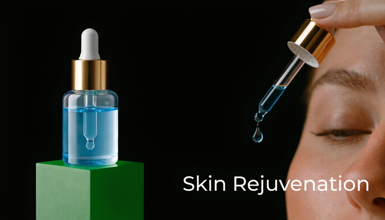 A serum dropper with blue liquid over a woman's face next to a bottle on a green pedestal.