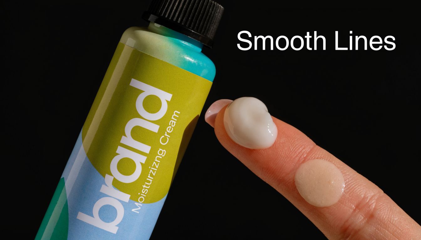 A close-up of a moisturizing cream bottle with two product samples on a human finger.