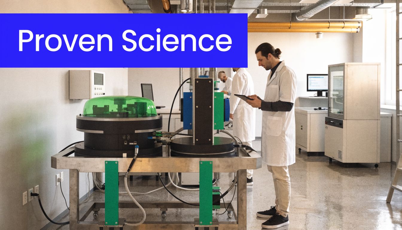 A scientist in a white lab coat using a tablet next to advanced laboratory equipment.