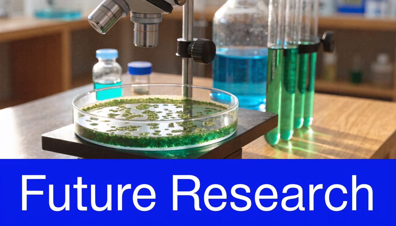 A microscope looking at a petri dish filled with green algae or biological samples in a lab.