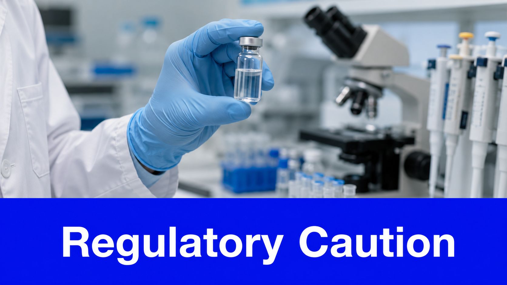 A laboratory scientist wearing blue gloves holding a clear liquid vial with a microscope in the background.