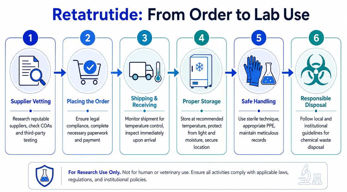 A six-step infographic outlining the process for ordering and handling retatrutide for legitimate research laboratory use.