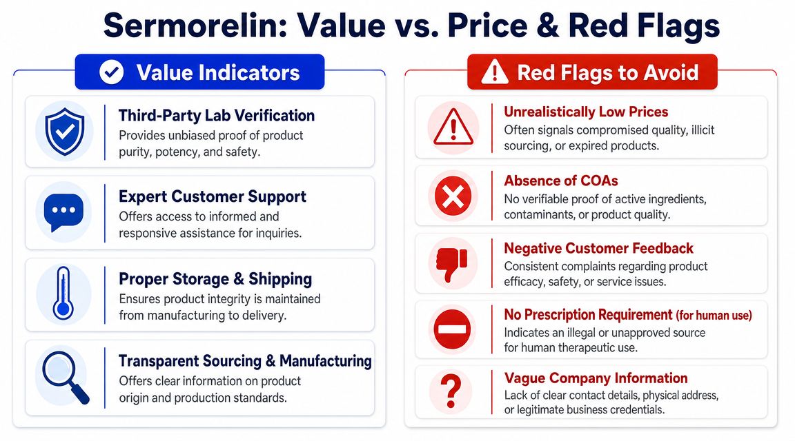 An infographic comparing value indicators and red flags for safely purchasing sermorelin online.