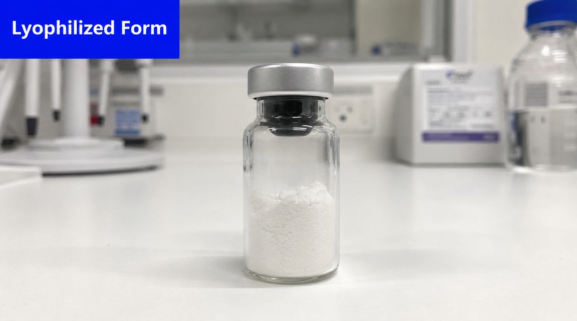 A glass vial containing a white lyophilized powder on a laboratory bench, representing a clinical medication form.