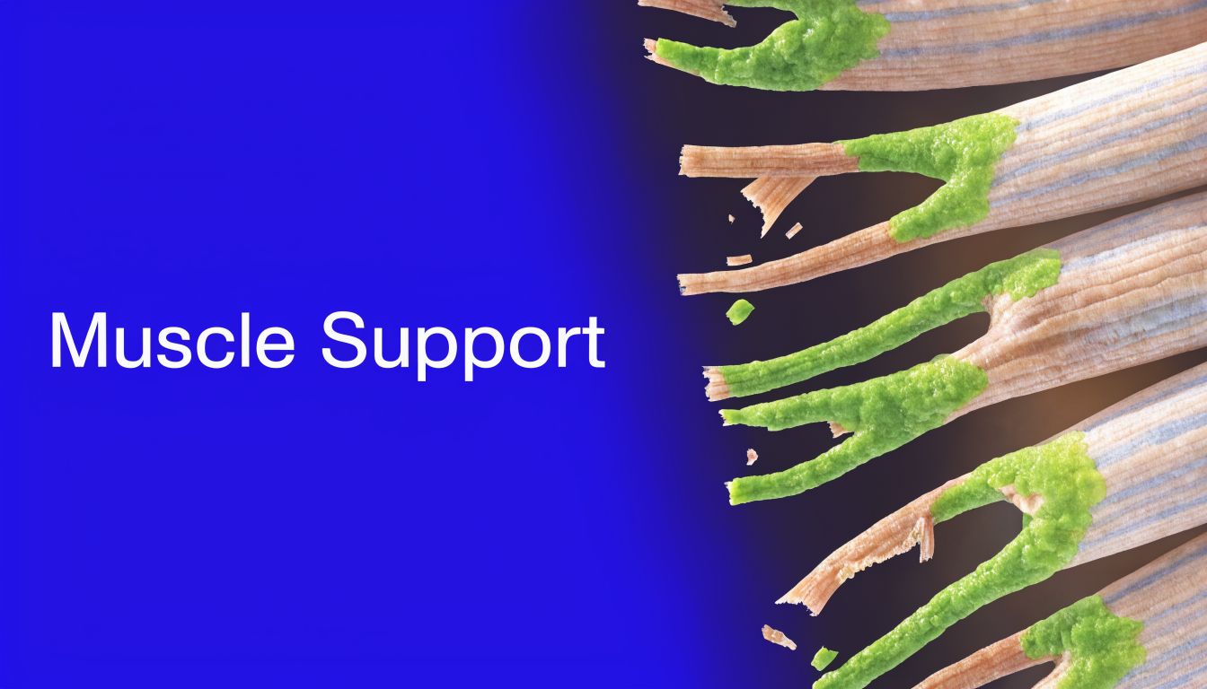 Fiber-like structures showing branching with green textured tips representing biological tissue repair or muscle support.