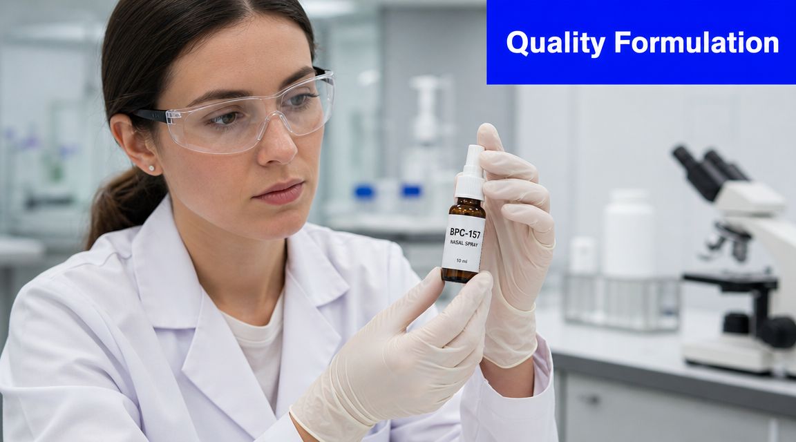 A female scientist in a laboratory holding a small bottle labeled BPC-157 nasal spray.
