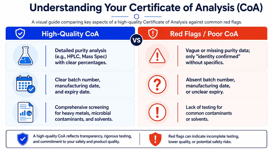 A comparison guide showing features of a high-quality Certificate of Analysis versus red flags in product testing.