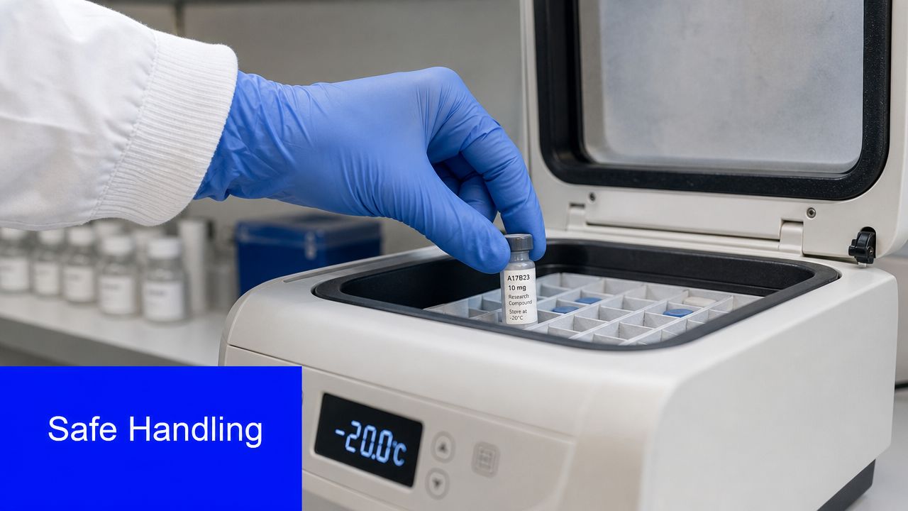 A gloved laboratory worker carefully placing a small medical vial into a cold storage freezer unit.