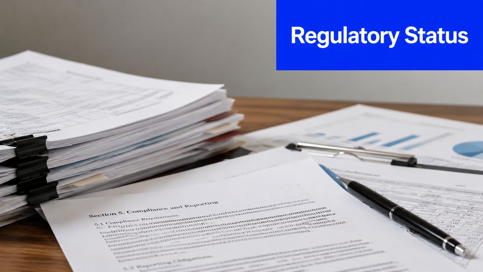 A stack of compliance and reporting documents placed on an office desk for regulatory review.