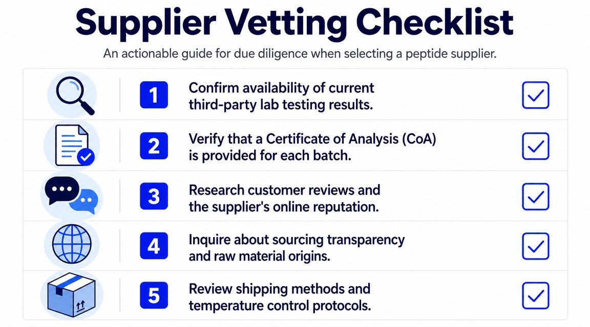 A five-step infographic showing a checklist for conducting due diligence when selecting a peptide supplier.