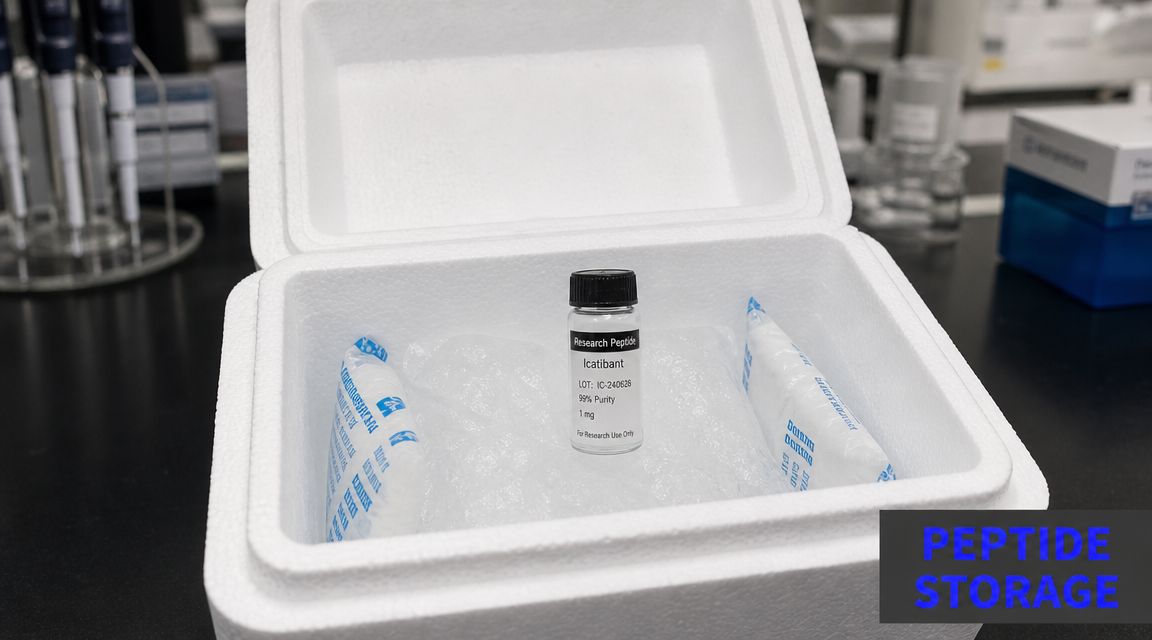 A glass vial of Icatibant research peptide stored in a white styrofoam cooler with ice packs.