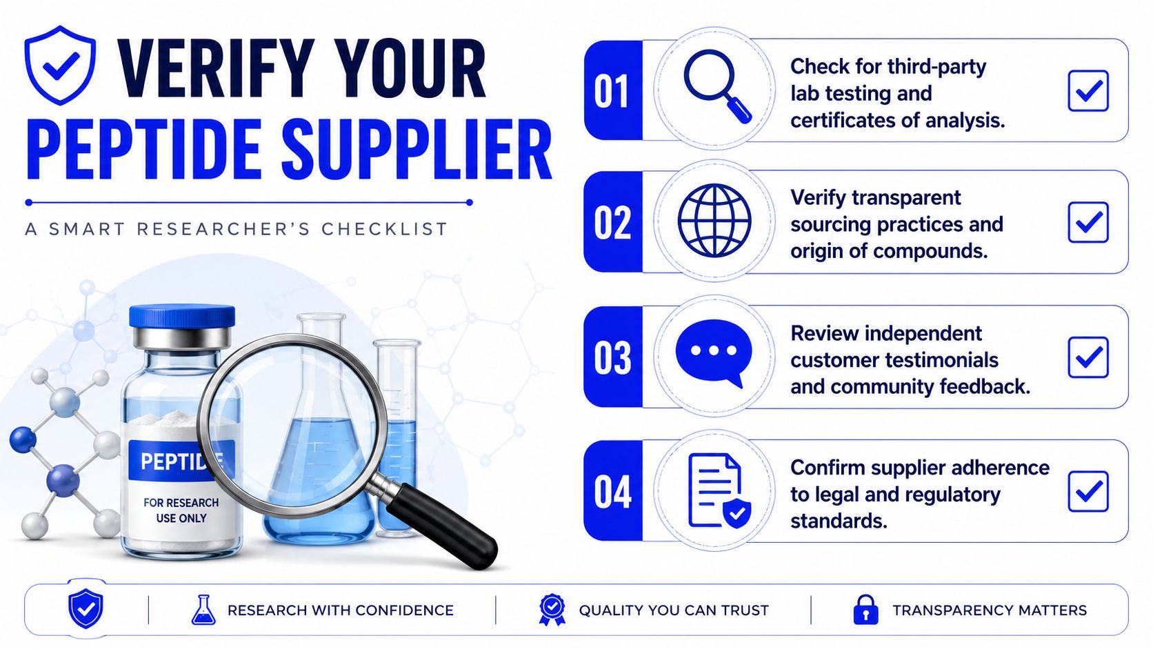 An infographic checklist for verifying peptide suppliers, ensuring lab testing, transparent sourcing, customer feedback, and regulatory compliance.