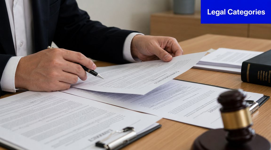 A professional lawyer reviewing legal documents at an office desk with a gavel and law books.