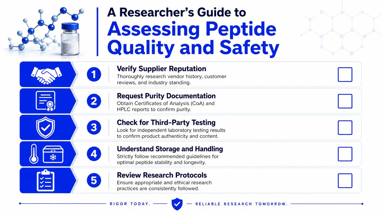 A five-step infographic guide for researchers on how to assess peptide quality and ensure research safety.