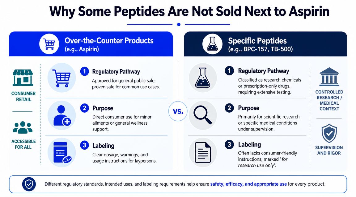 A comparison chart explaining why certain peptides are regulated differently than over-the-counter medications like aspirin.