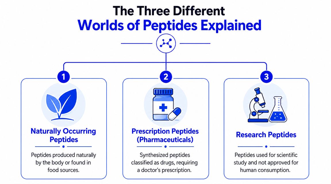 A diagram illustrating the three types of peptides: naturally occurring, prescription pharmaceuticals, and research-grade substances.