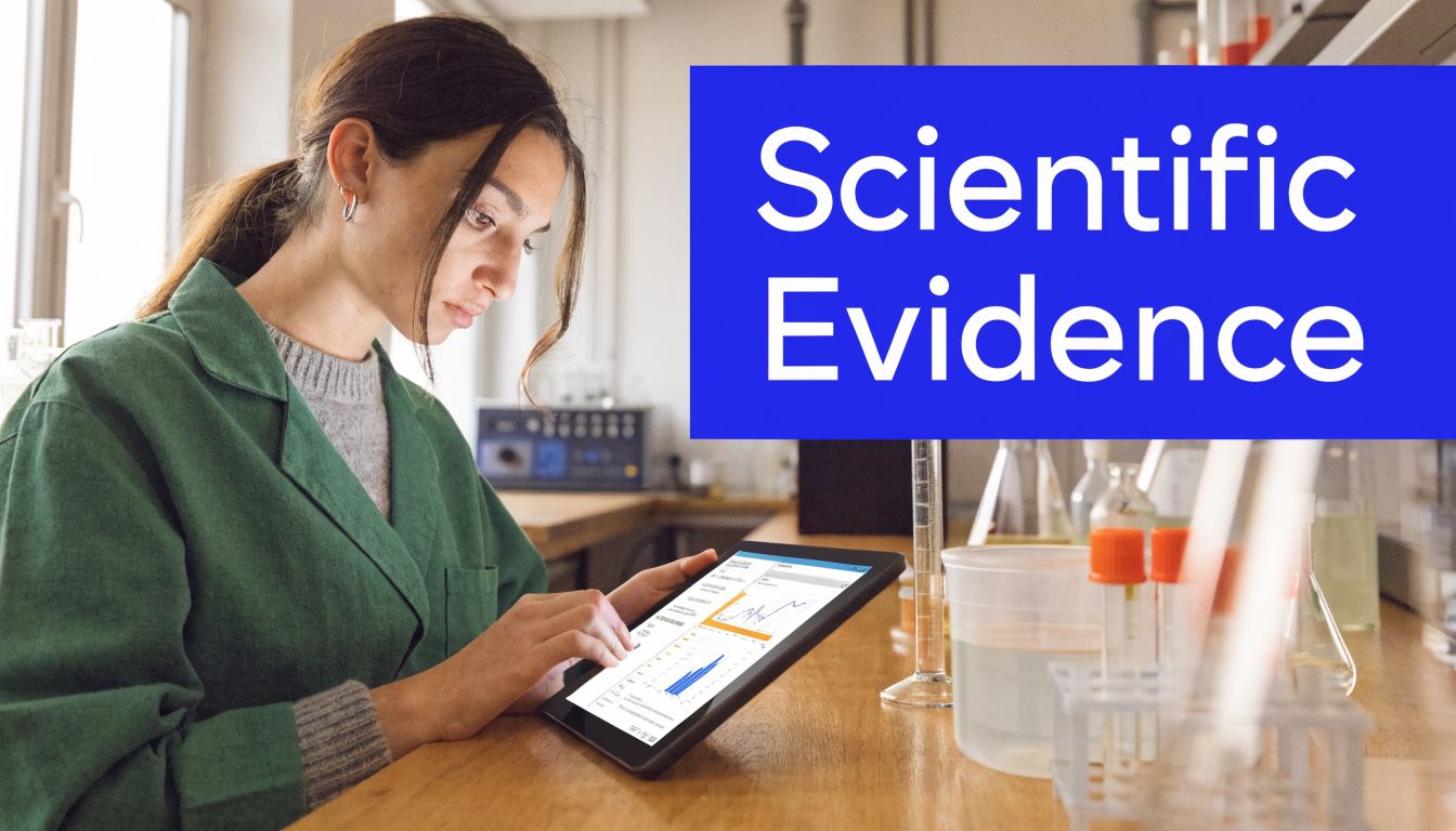 A female scientist in a lab coat analyzing scientific data on a tablet in a laboratory setting.