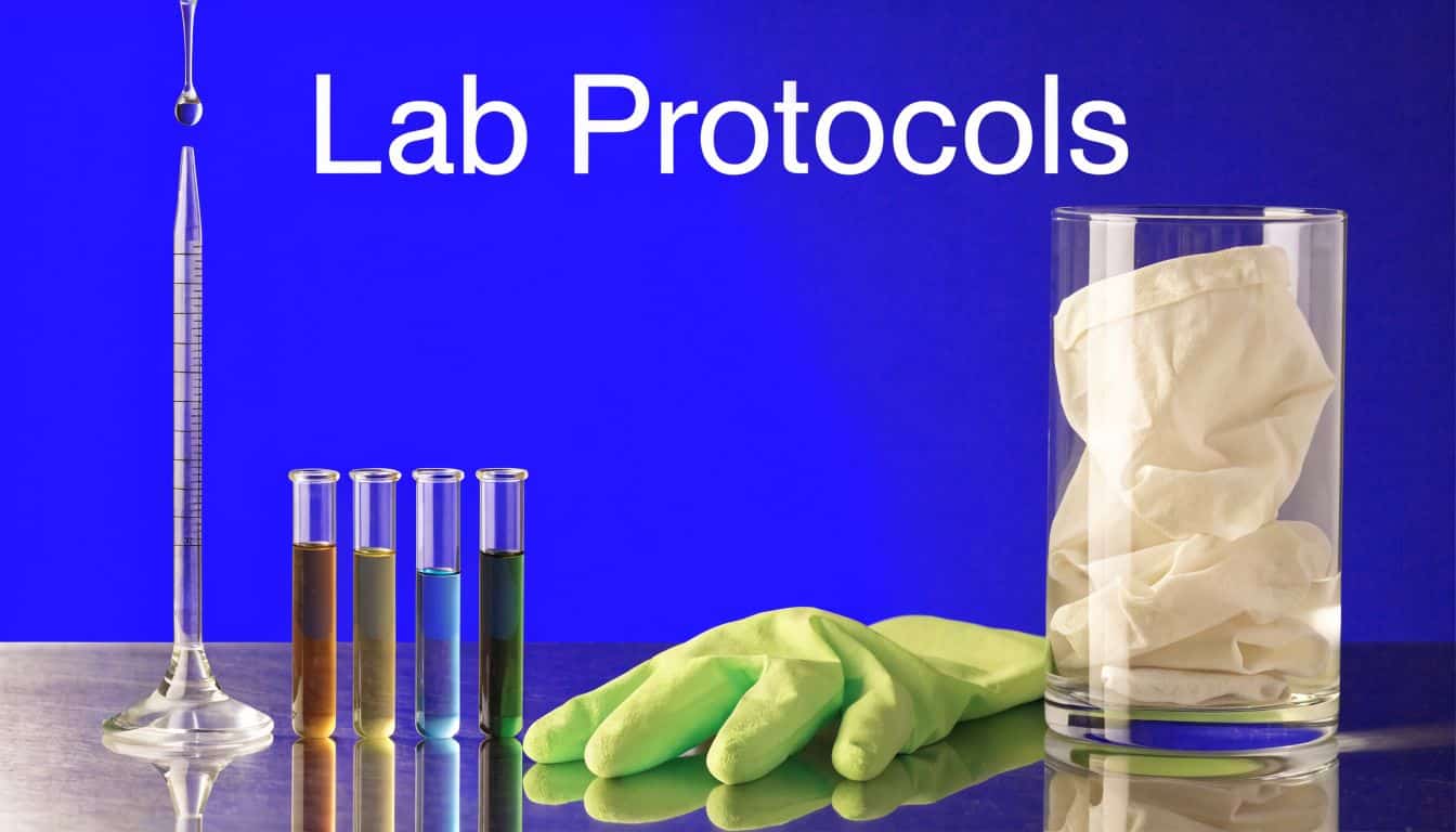 Test tubes, lab equipment, and protective gloves on a reflective surface against a bright blue background.