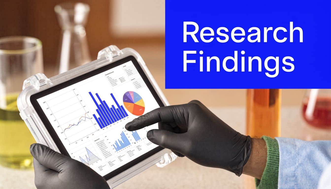 A scientist in black gloves holds a tablet displaying research data charts and graphs.