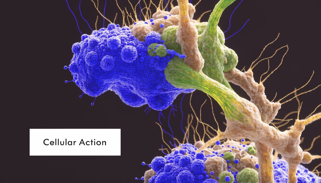 A microscopic 3D render showing GHK-Cu copper peptide cellular action and molecular interaction between cells.
