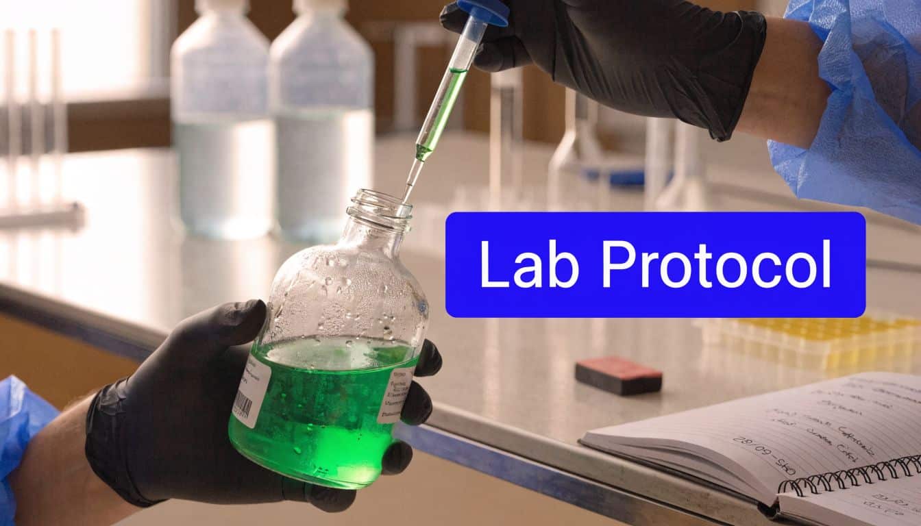 A scientist in a laboratory wearing black gloves prepares a green liquid solution for scientific research.