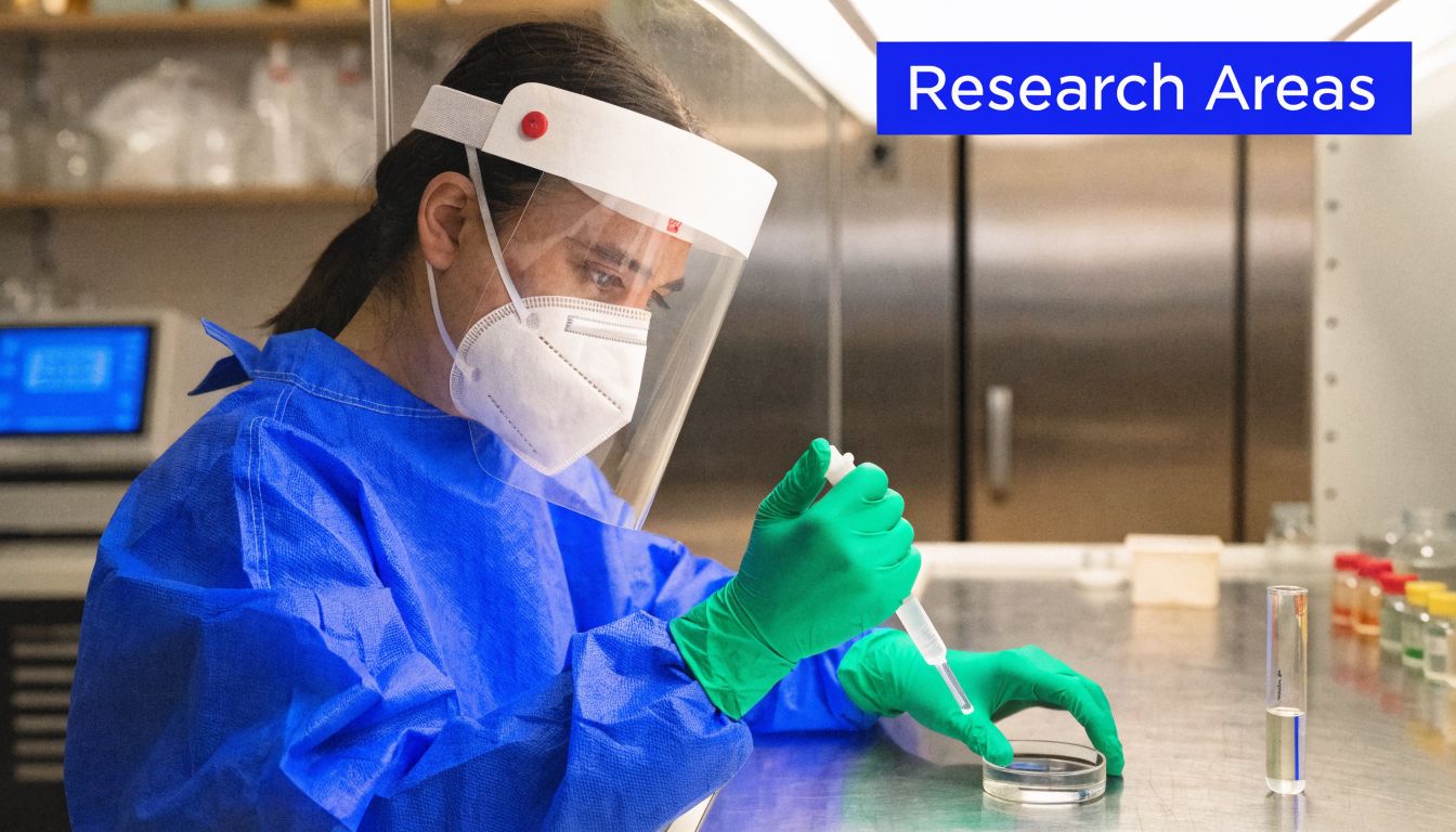 A laboratory researcher in protective gear and a face shield performs an experiment using a pipette.
