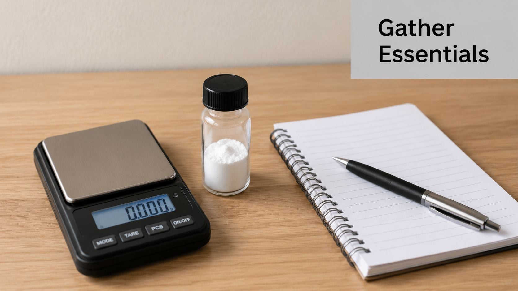 A digital scale, a glass vial containing white powder, and a notebook with a pen on a table.