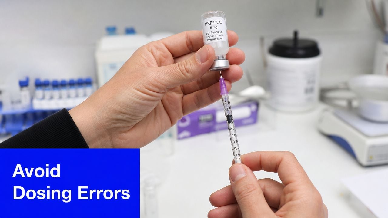 A researcher prepares to draw a dose from a peptide vial into a syringe in a lab.