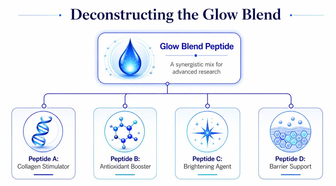 A diagram illustrating the Glow Blend Peptide, featuring four components: Collagen Stimulator, Antioxidant Booster, Brightening Agent, and Barrier Support.