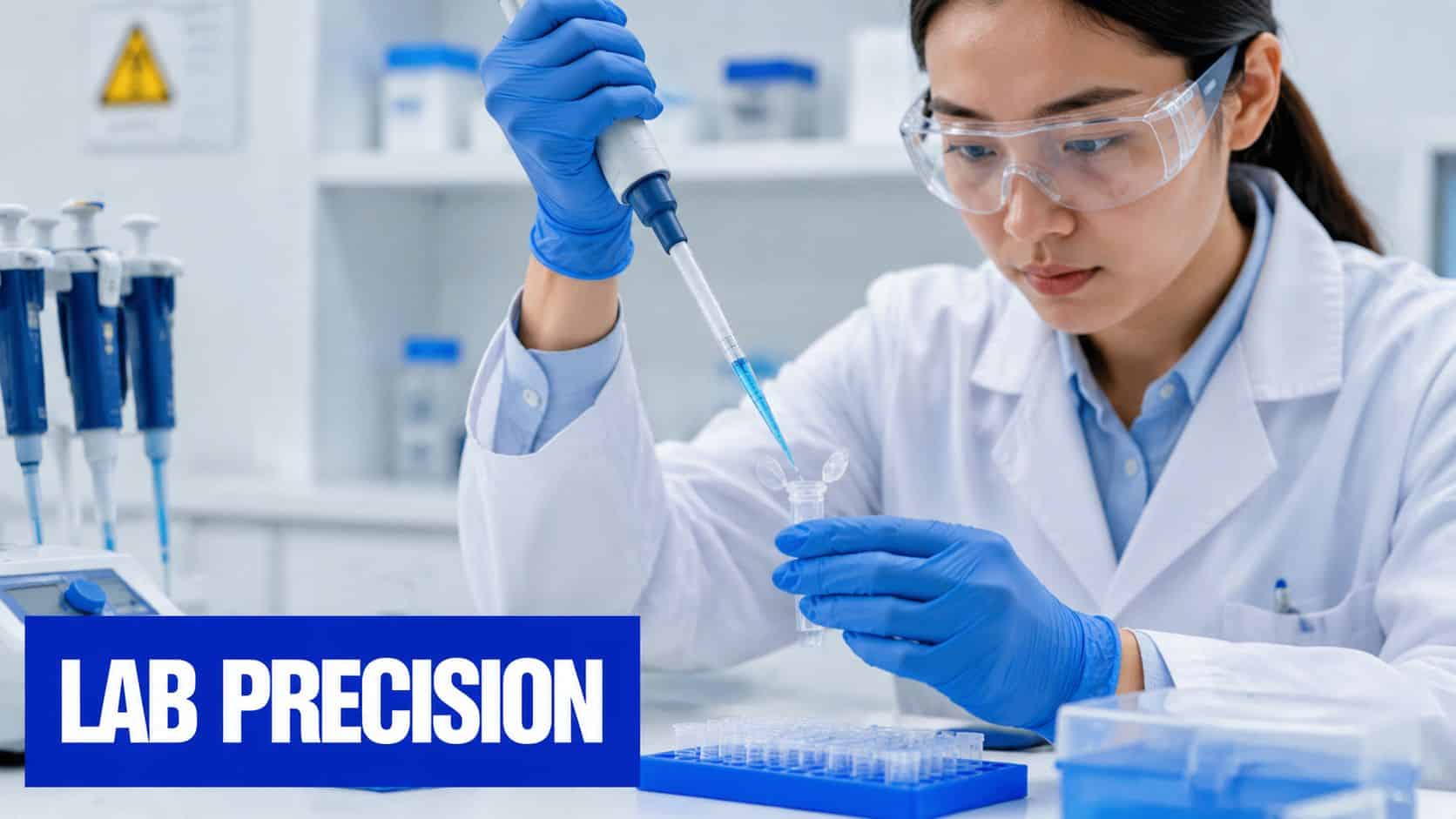 A female scientist in a lab coat and safety goggles uses a pipette to dispense liquid into a vial.