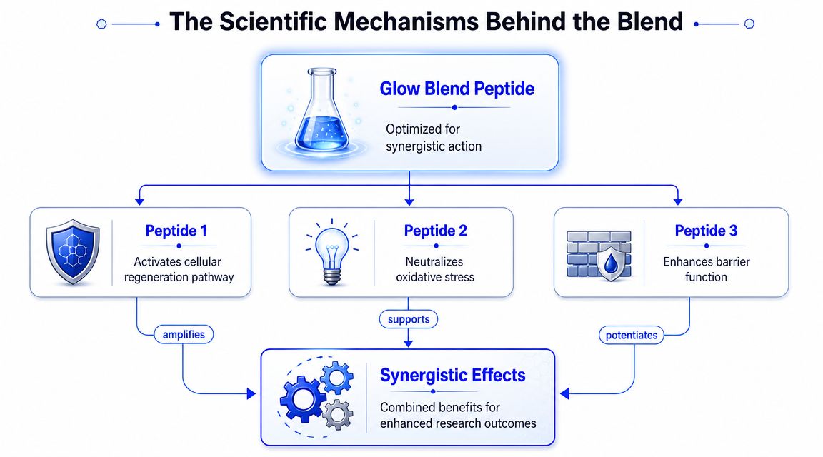 A diagram illustrating the scientific mechanisms and synergistic effects of a Glow Blend Peptide formula.