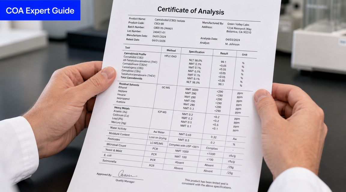 A person in a white lab coat holds a Certificate of Analysis for CBD isolate.
